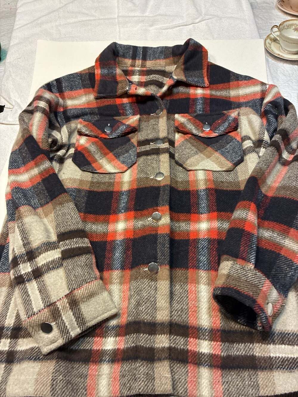 Womens Plaid Flannel Button-Down Shacket Jacket with Silver Buttons